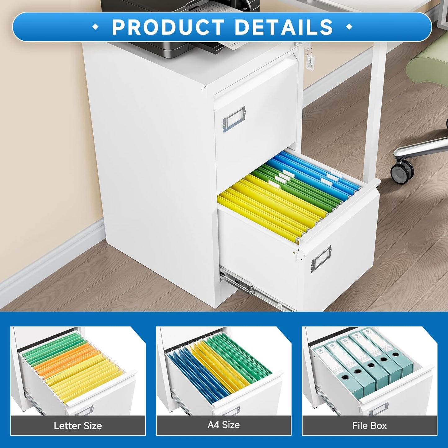 2 Drawer File Cabinet with Lock Metal Vertical Filing Storage Cabinet Office Home Steel Vertical File Cabinets for A4 Legal/Letter Size Narrow File Cabinet Locked,Assembly Required