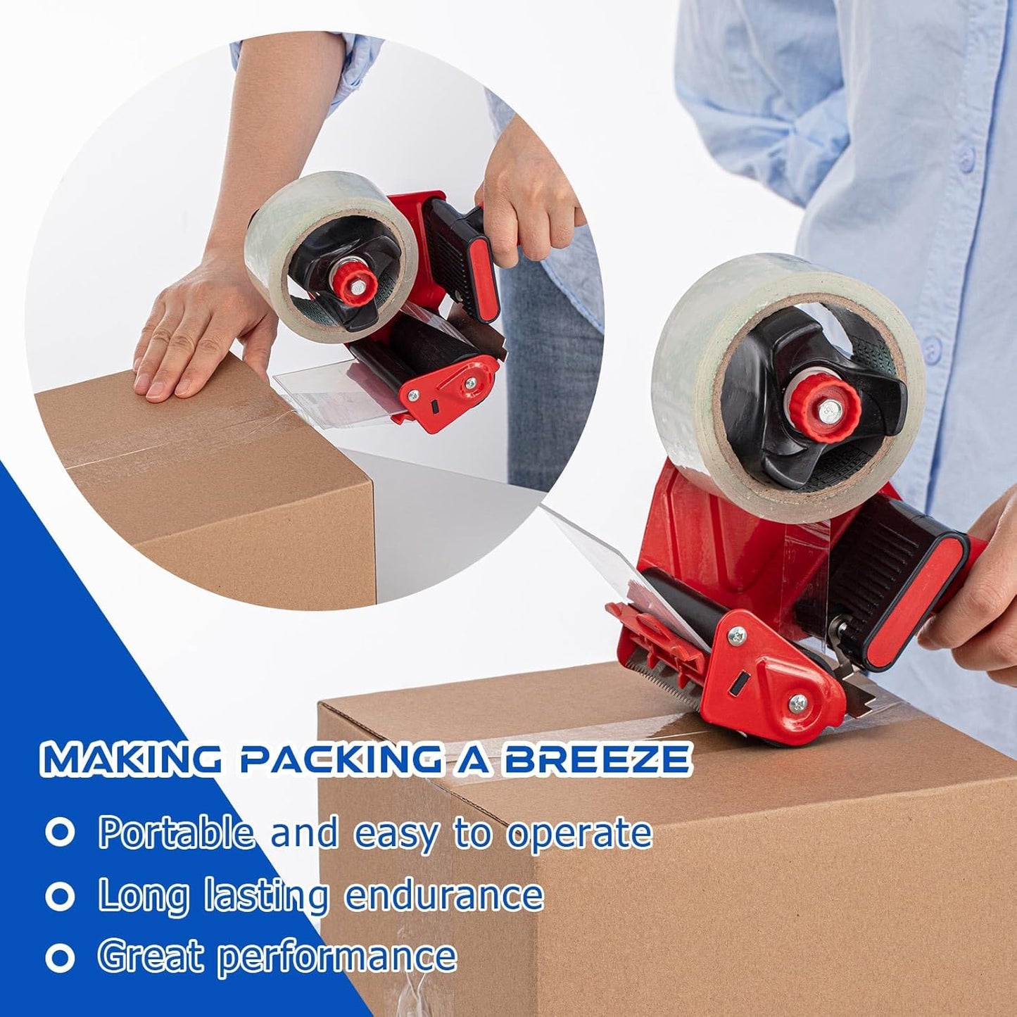 Hicarer 3 Pcs 3 Inch Packing Tape Gun Heavy Duty Tape Dispenser Non Slip Silicone Handle Portable for Shipping, Moving, Carton and Box Sealing