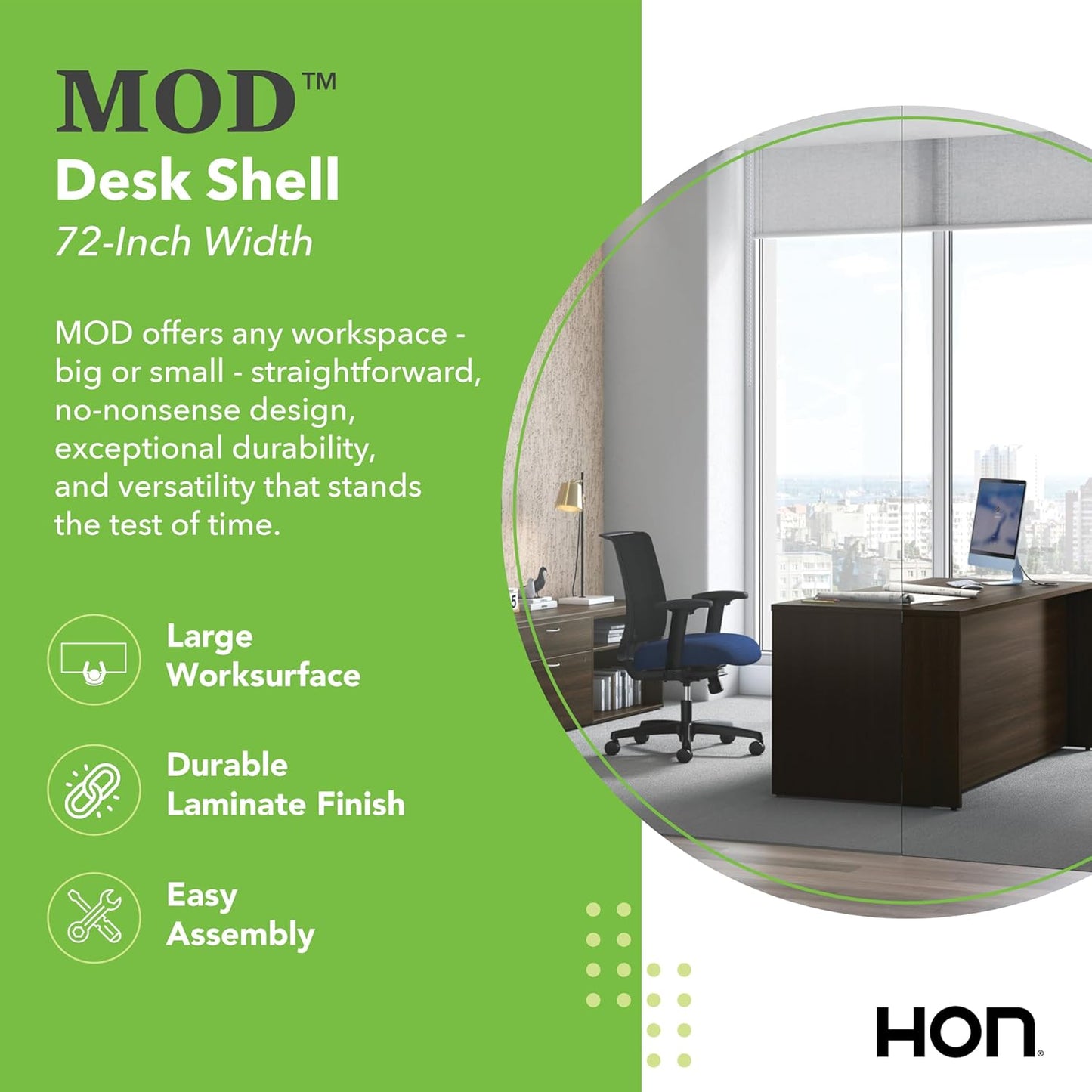 HON MOD Executive Desk 72-Inch Large Computer Desk Shell, Thick Wooden Laminate, Modern Table with Cord Management, 72" W x 30" D x 29" H, Java Oak