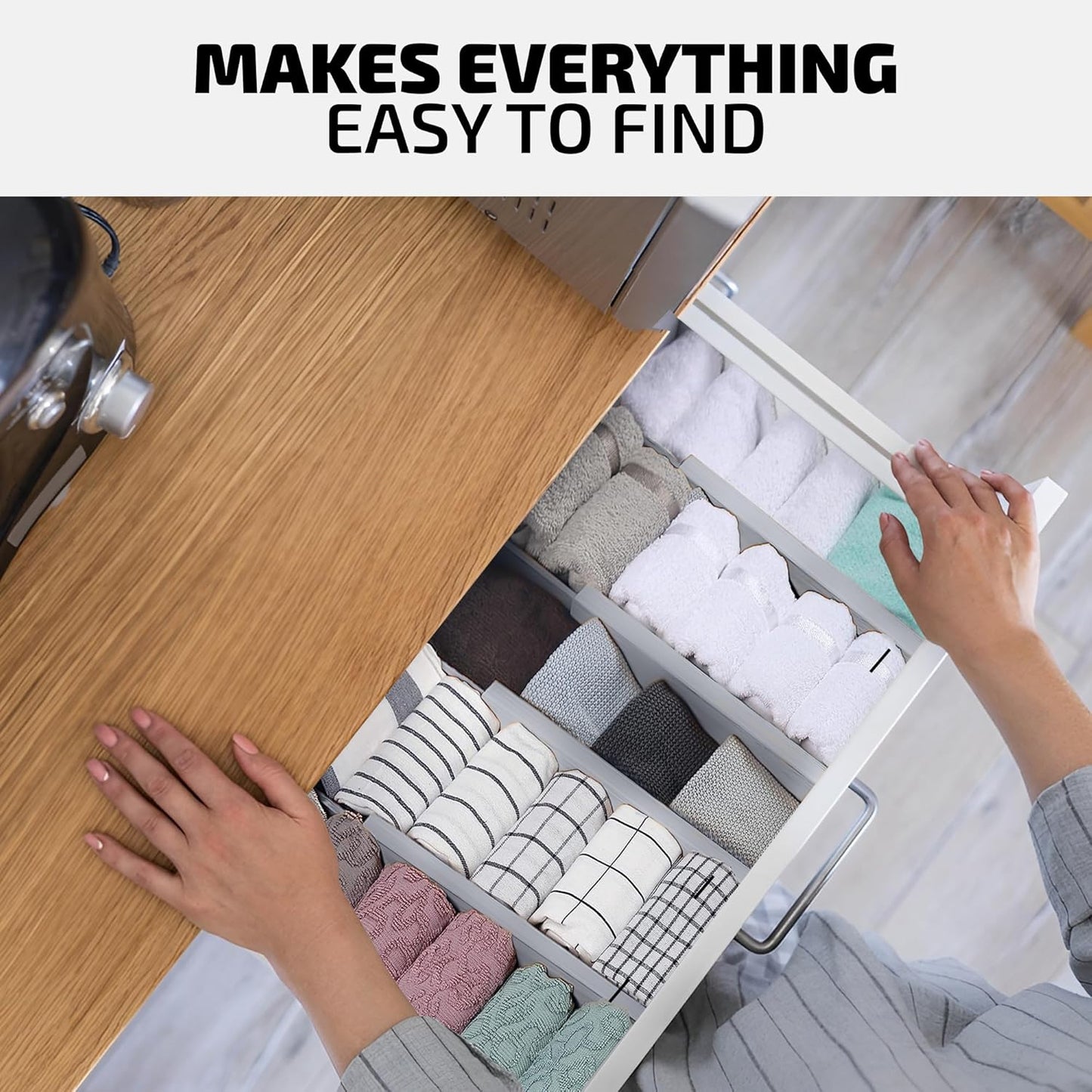 4 Pack Drawer Divider - Bamboo 2.6" High, 12.5-17" Adjustable Drawer Organizers for Clothes, Expandable Dresser Separators in Bedroom/Bathroom/Kitchen/Office Organization and Storage (Grey)