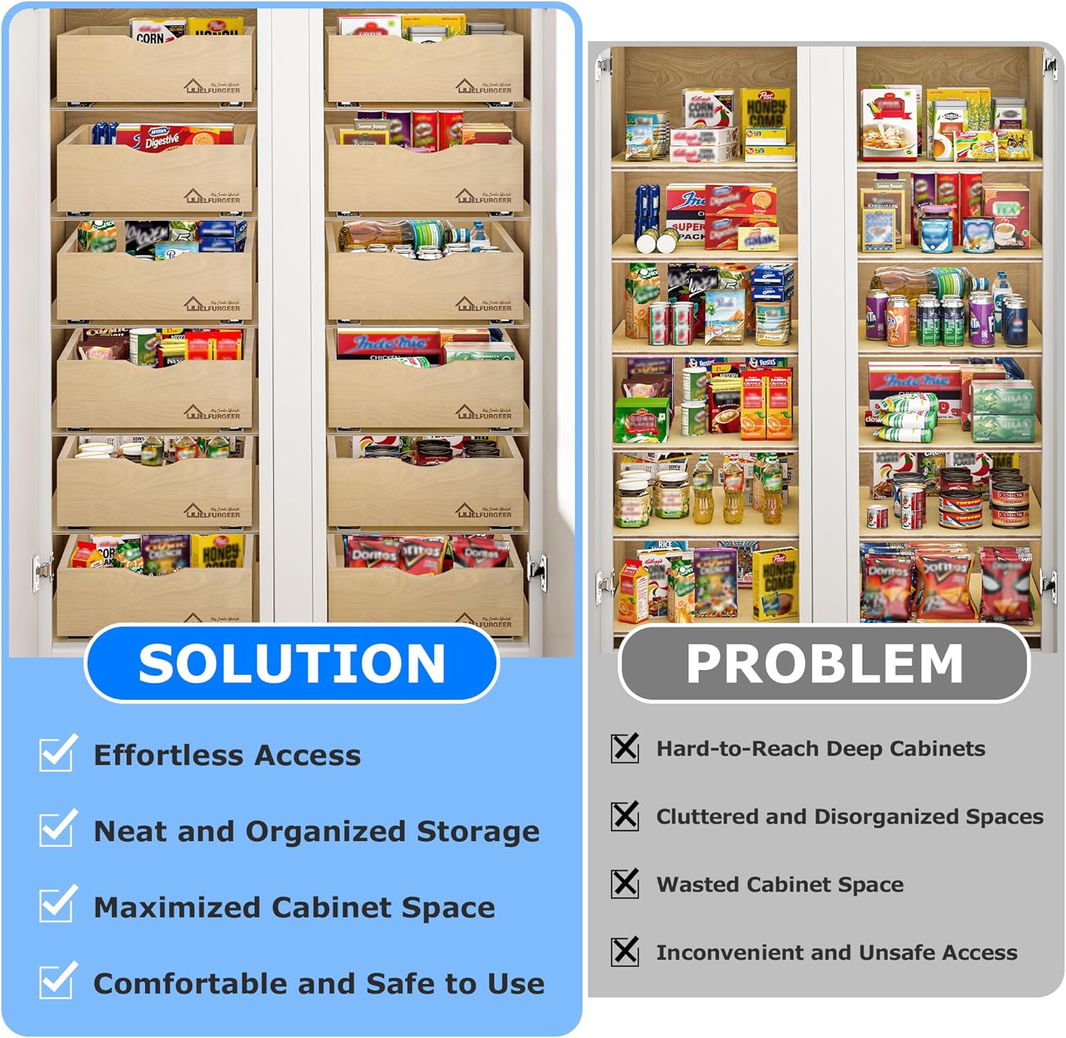 WelFurGeer Soft Close Pull Out Drawers for Kitchen Cabinets, 23" W x 22" D Pull Out Cabinet Organizer, Smooth Slide-Out Shelves for Kitchen Cabinets, Space-Saving Pullout Drawer for Home Organization