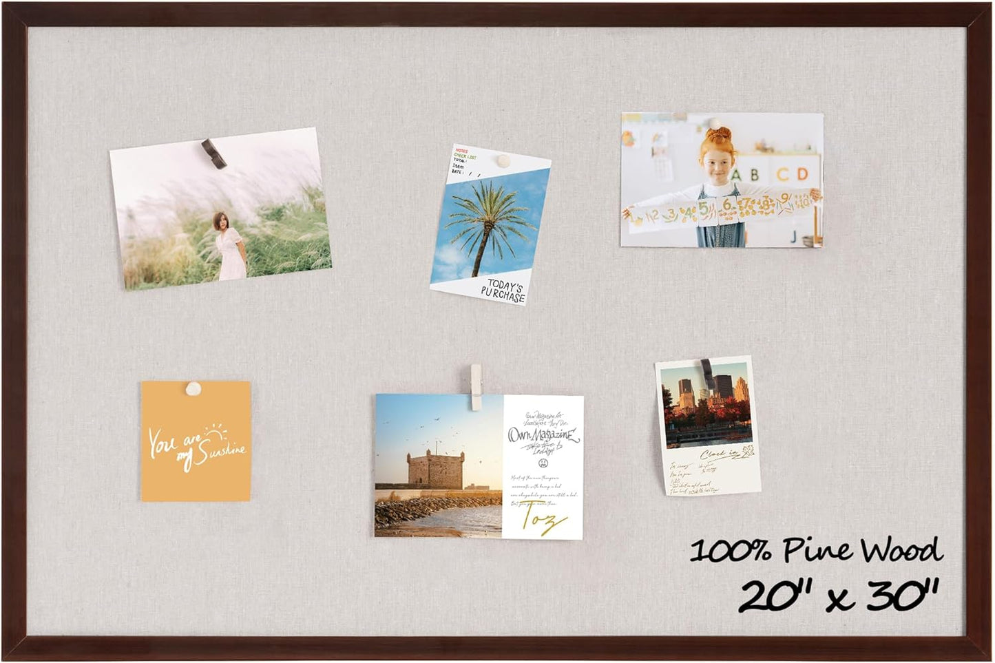 Fun Memories Cork Board Bulletin Board for Office, 20" x 30" Pine Wooden Framed Corkboard, Wall Mounted Notice Pin Board for School Home & Office, Dark Walnut