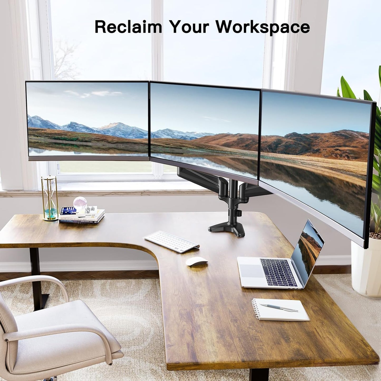 HUANUO Triple Monitor Mount for 17 to 32 inch Screens, Gas Springs Adjustment Triple Monitor Stand with Swivel, Tilt, Rotation, Clamp & Grommet Kit (Black)