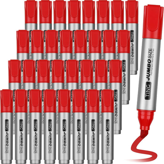 Fuutreo 32 Pcs Jumbo Permanent Markers Bulk Large Chisel Tip Permanent Markers Waterproof Jumbo Pens Quick Drying Office Teacher Supplies(Red)
