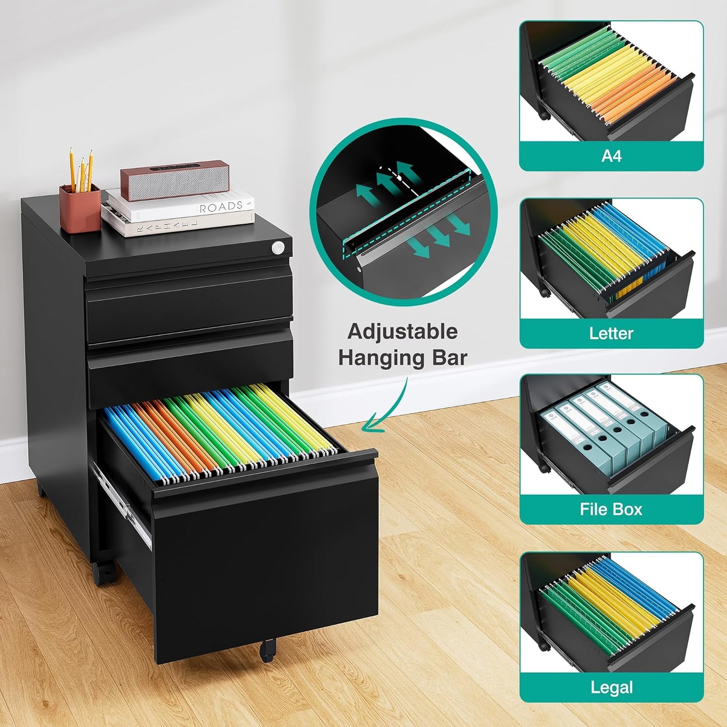 3 Drawer File Cabinet with Lock,Under Desk File Cabinet with Wheels,Black Rolling Filing Cabinets,Three Drawer Metal Filing Cabinet for Home Office,Fit A4/Letter/Legal File,- Assembly Required