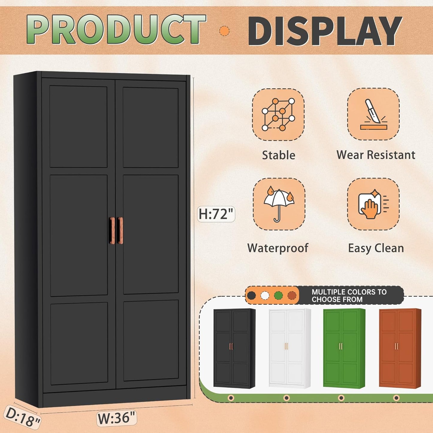 Greenvelly Metal Wardrobe Cabinet with Wooden Handle, 72" Black Metal Wardrobe Closet with Hanging Rods and Adjustable Shelves, Clothing Storage Closet Cabinet for Home, Office, Employee, Gym