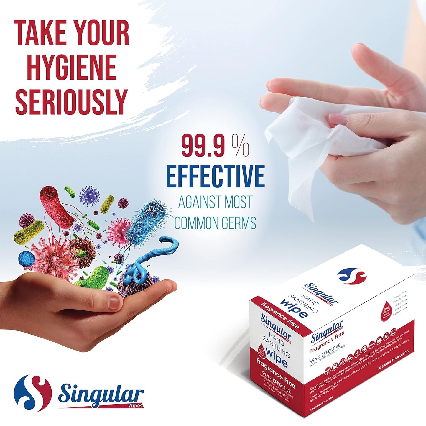 Hand Sanitizing Wipes Travel Size by Singular Wipes –30ct Individually Wrapped | Fragrance-Free, Moisturizing, 70% Isopropyl Alcohol Wipes | Travel, Home, Office, Daily Use | Made in USA