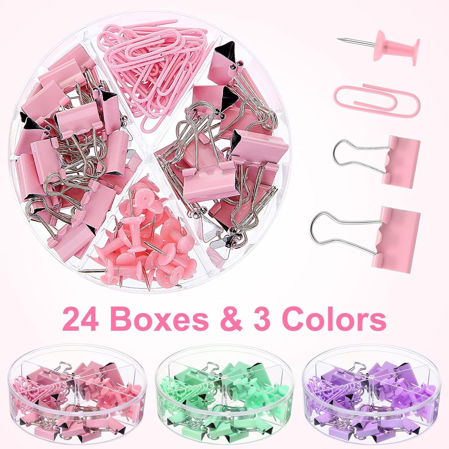 1560 Pcs Paper Clips and Binder Clips Assorted Sizes, Large Medium Small Binder Clip Paperclips Thumb Tacks, College Supplies Home Office Supplies Document Organizing(Pink, Purple, Green)