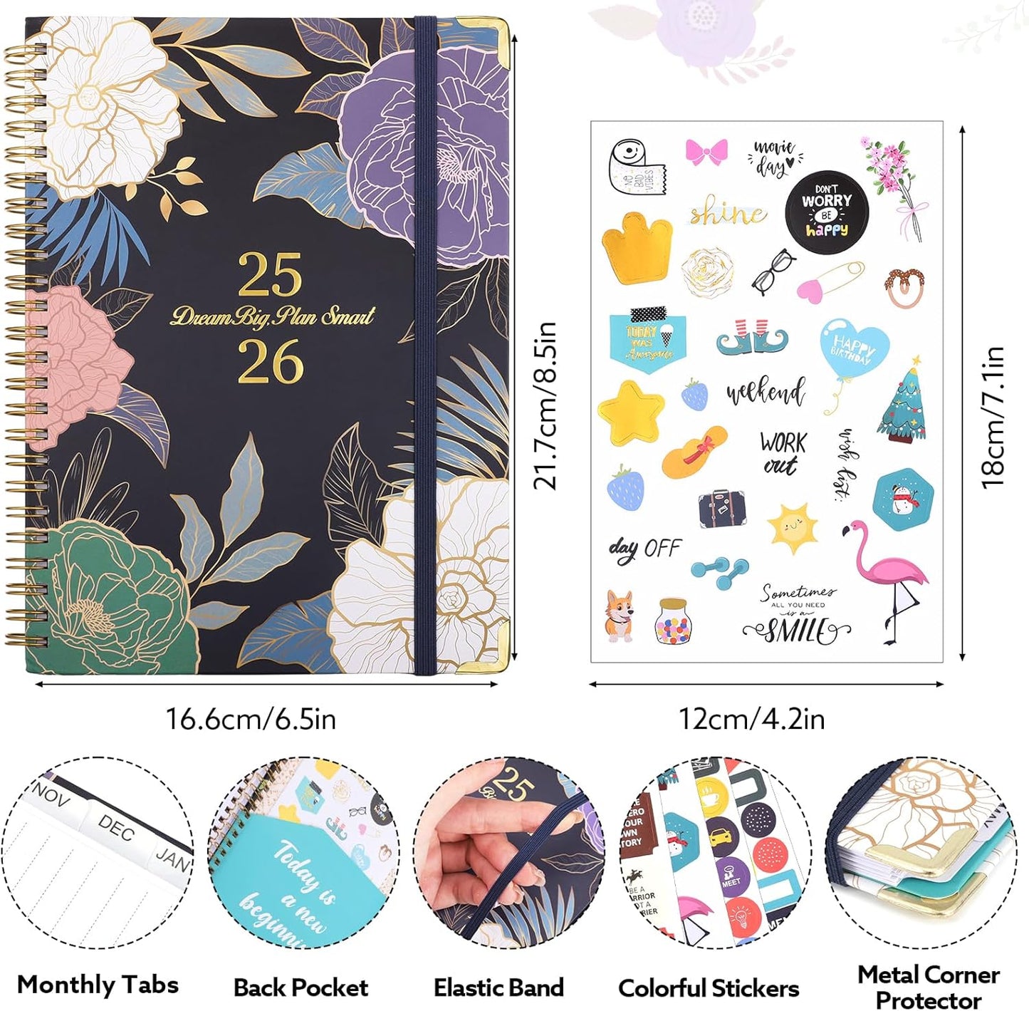 2025-2026 Academic Planner, A5 (6.5" x 8.5") Weekly and Monthly Planner, July 2025 - June 2026, Calendar Planner with Tabs, Inner Pocket for Home School Office Supplies, Blue Flower