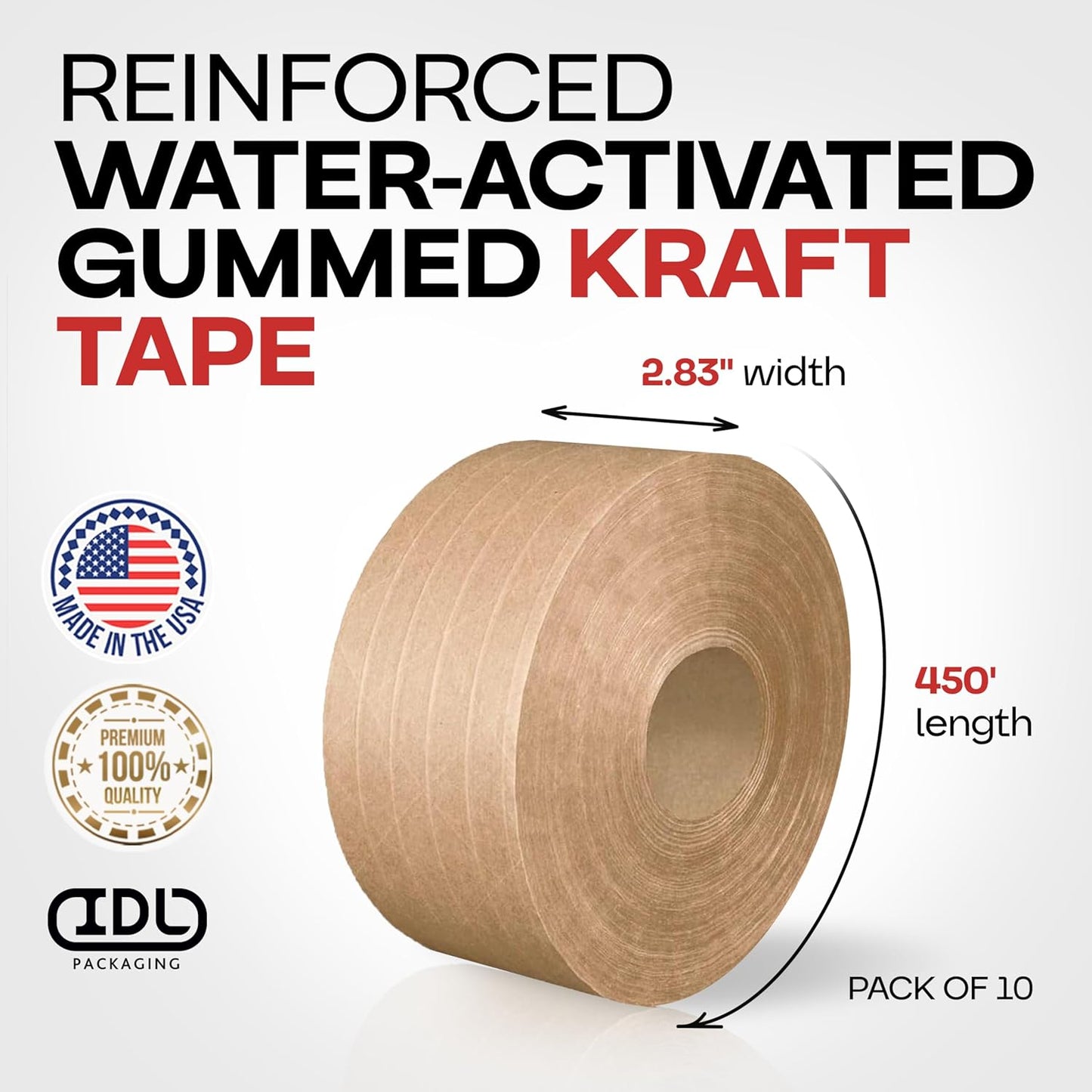 IDL Packaging 2.83" x 450 feet Reinforced Water-Activated Kraft Gummed Tape 30lb Thickness (Pack of 10) - Secure Paper Packing Tape for Secure Carton Sealing - Heavy-Duty for All Conditions, Brown