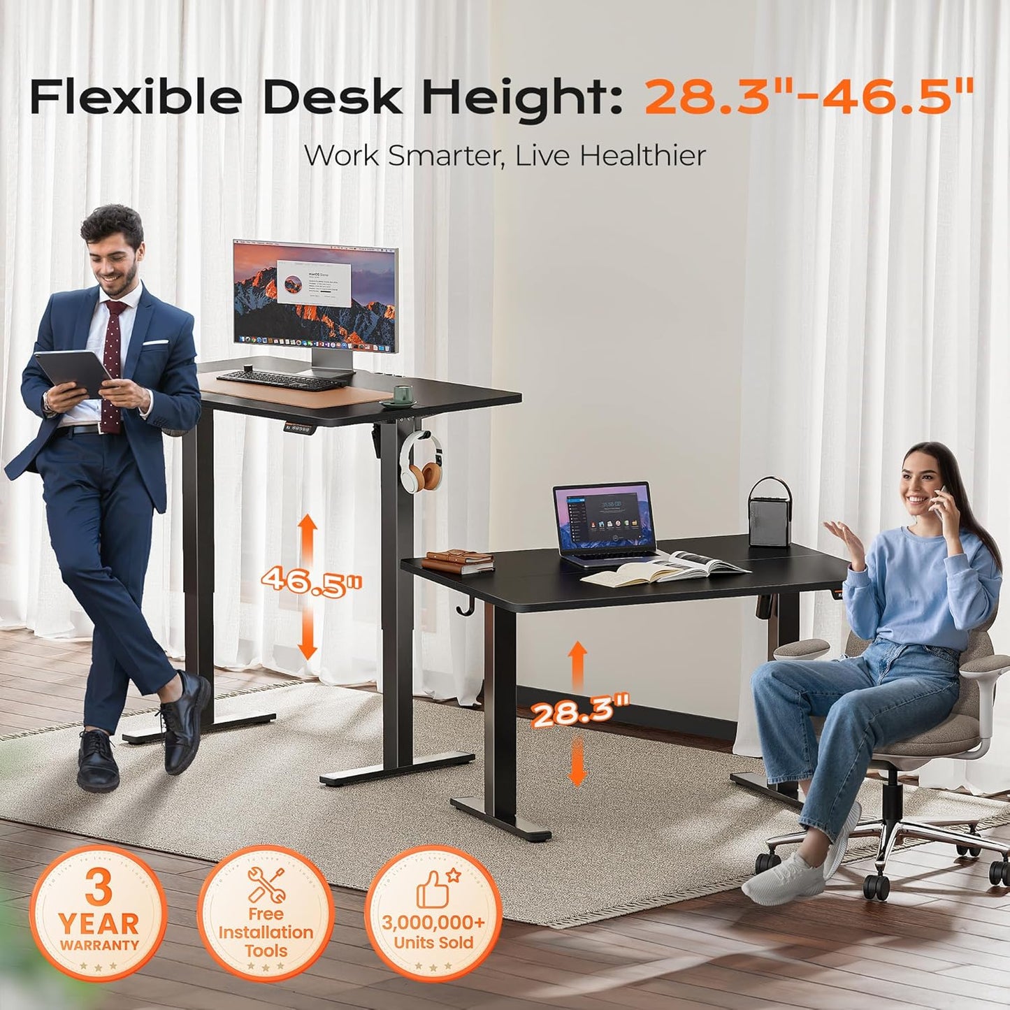Huuger 48 x 28 Large Electric Standing Desk, Height Adjustable Desk, 27.6" Deep Desktop, Stand up Gaming, 2 Hooks, 3 Preset Heights, for Home Office, Black
