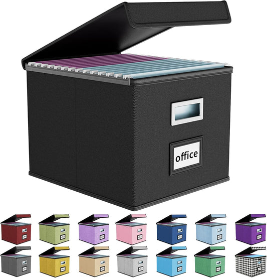 Huolewa Upgraded Portable File Organizer Box, Large Linen Hanging Office Document Storage Box with Lid - Black, Collapsible Filing & Storage Boxes for Office/Decor/Home - 14.9 x 12.59 x 10.8 inch