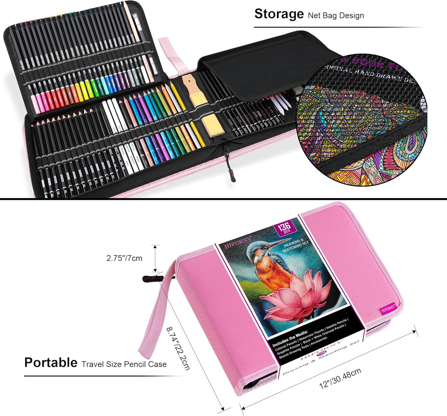 HIFORNY 136 PCS Drawing & Sketching Set,Pro Art Supplies with Graphite,Charcoal,Colored,Watercolor,Metallic Pencils,Blending Tools,Sketchbook,Watercolor Book and Coloring Book in Zipper Case (Pink)