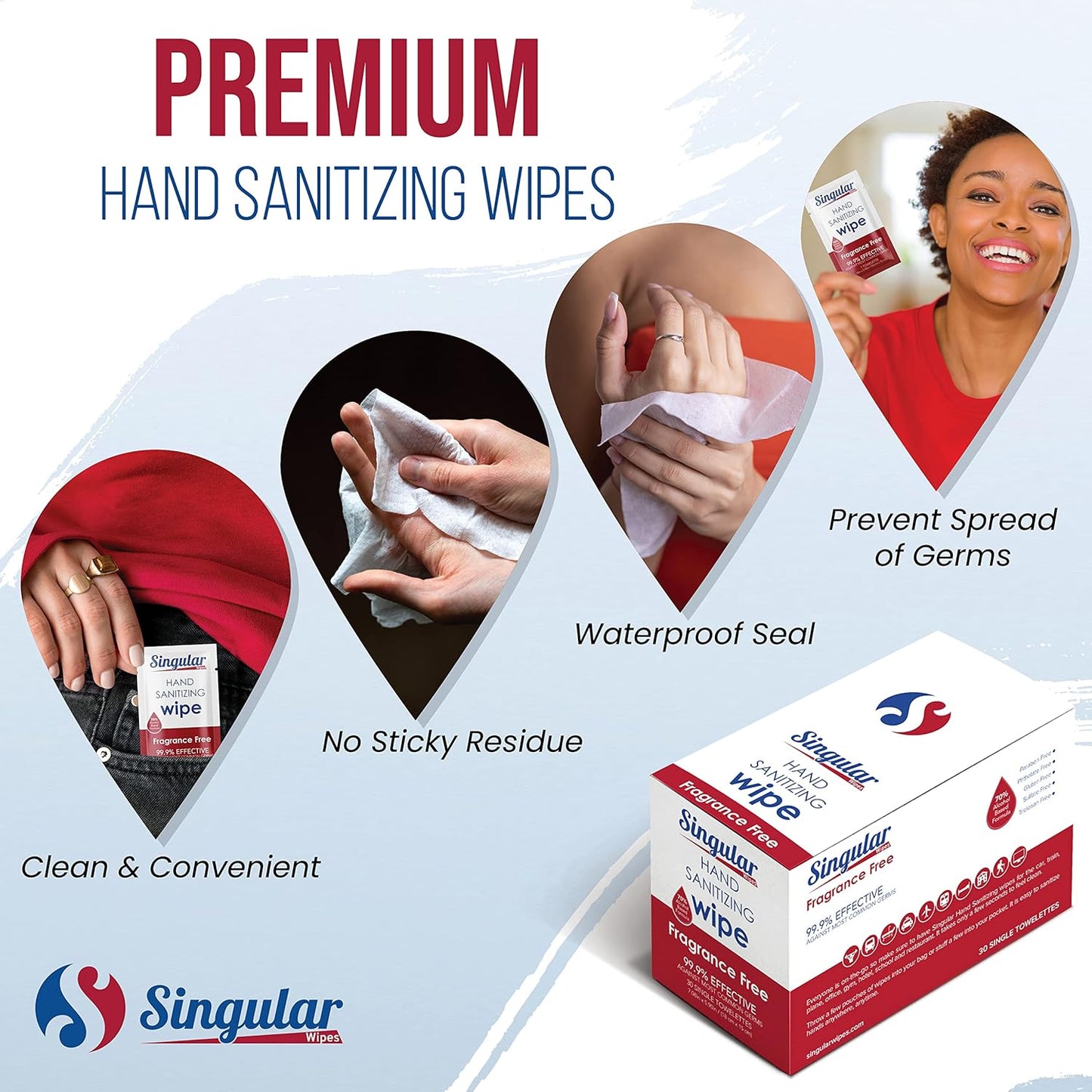 Hand Sanitizing Wipes Travel Size by Singular Wipes –30ct Individually Wrapped | Fragrance-Free, Moisturizing, 70% Isopropyl Alcohol Wipes | Travel, Home, Office, Daily Use | Made in USA