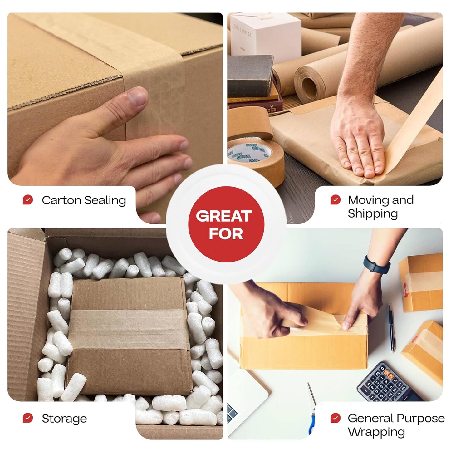 IDL Packaging 3" x 375 feet Reinforced Water-Activated Kraft Gummed Tape 70lb Thickness (Pack of 4) - Secure Paper Packing Tape for Secure Carton Sealing - Heavy-Duty for All Conditions, Brown