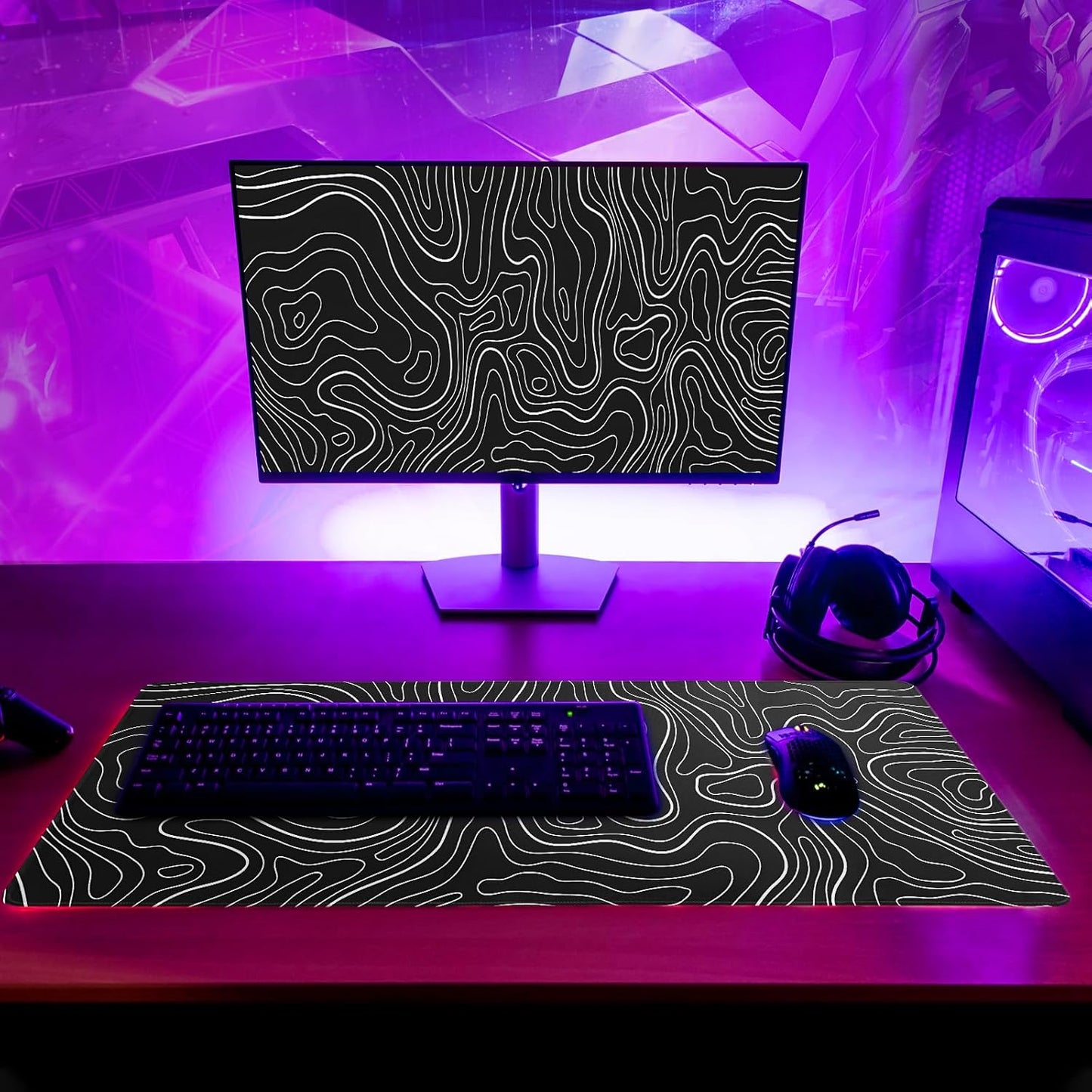 Gaming Mouse Pad Topographic Large Mousepad Keyboard 31.5 x 11.8in for Non-Slip Base and Stitched Edge, Extended Desk Pad XL Desk Mat (Black)