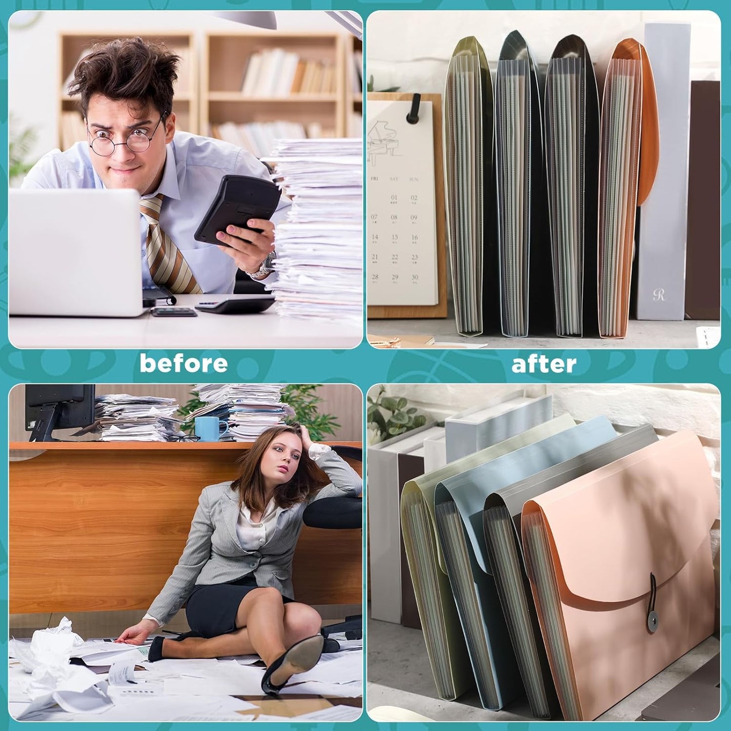 Harloon 4 Pack Expanding File Folder 7 Pocket, Expanding File Organizer with Labels, A4 Letter Size Folders with Pocket for Documents Office Travel Portable(Classic Color)