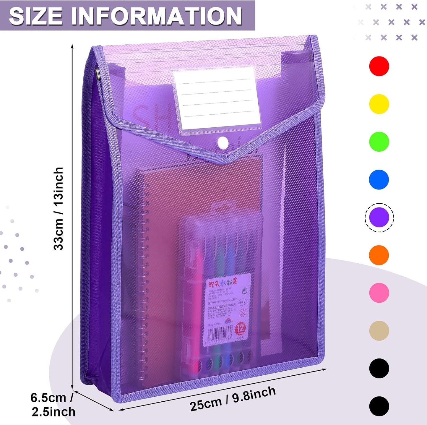 10 Pieces Plastic File Folders Envelope Expanding File Wallet Organizer Documents Folder with Snap Closure and Pocket, A4 Size Waterproof Transparent Pouch(Assorted Color,Vertical)