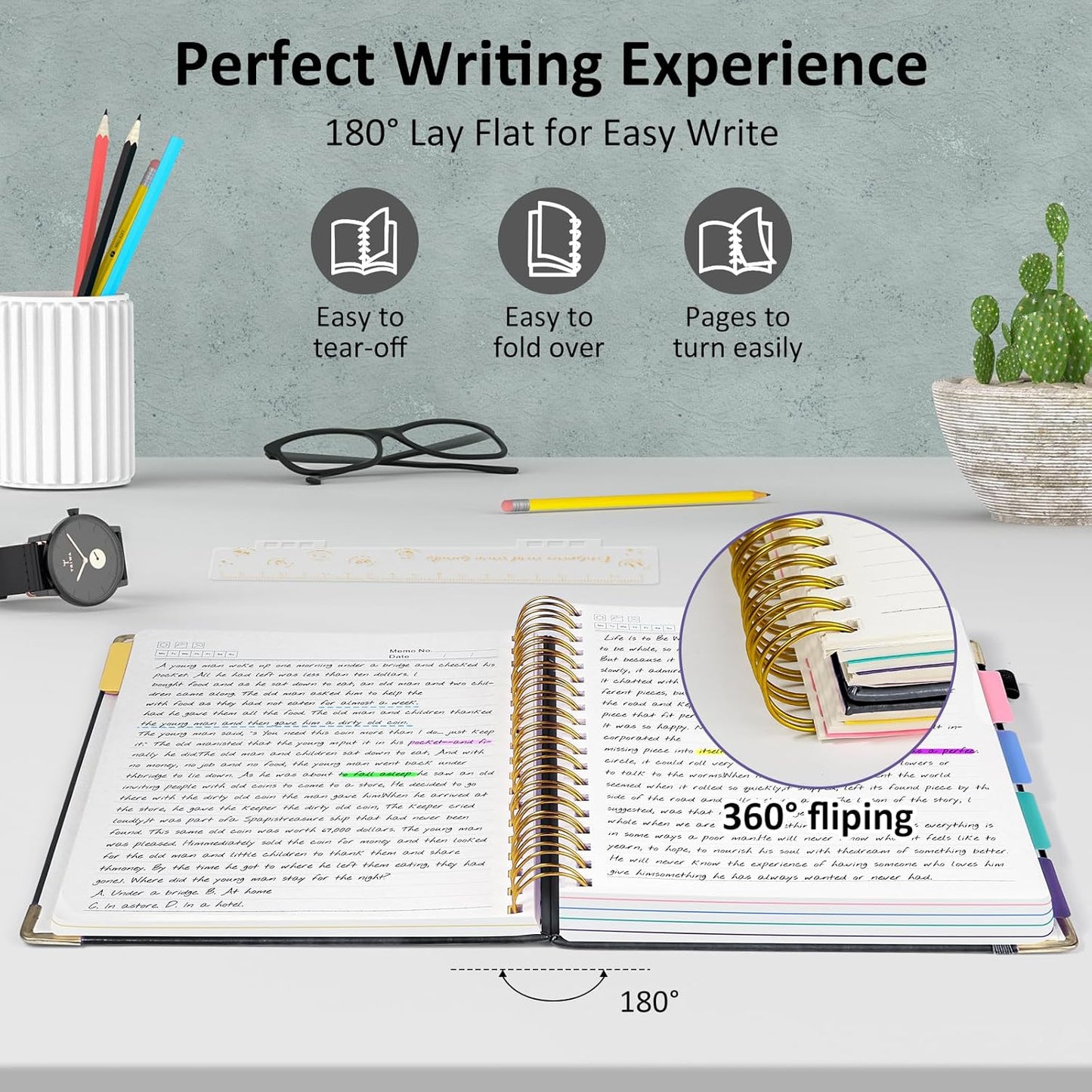 Hardcover Spiral Notebook Journal, 8"x10" Large B5 Notebooks with Removable Dividers Tabs, 300 Pages Leather 5 Subject Notebook College Ruled, Journal for Work School Note, 100 GSM Thick Paper,Black