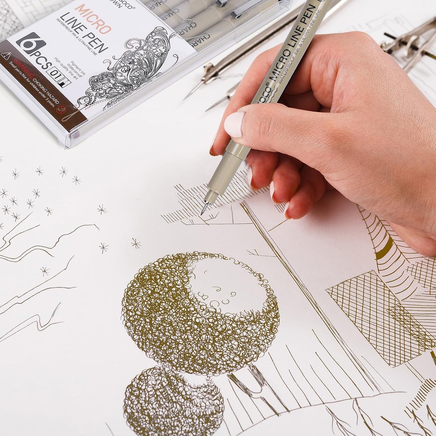 01 Micro Pen, 6 Pack Brown Fine Point Pen with Waterproof Archival Ink, 0.25mm Fineliner Ink Pens for Artist Illustration, Sketching, Anime, Manga, Technical Drawing and Scrapbooking