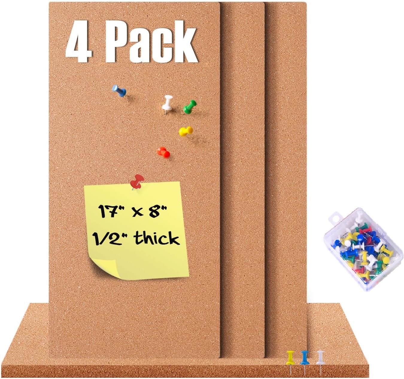 4 Pack Cork Bulletin Board 17"x8" - 1/2" Thick Cork Board Tiles,Self-Adhesive Frameless Cork Tiles Wall Decor for DIY, Office, School and Home Decor