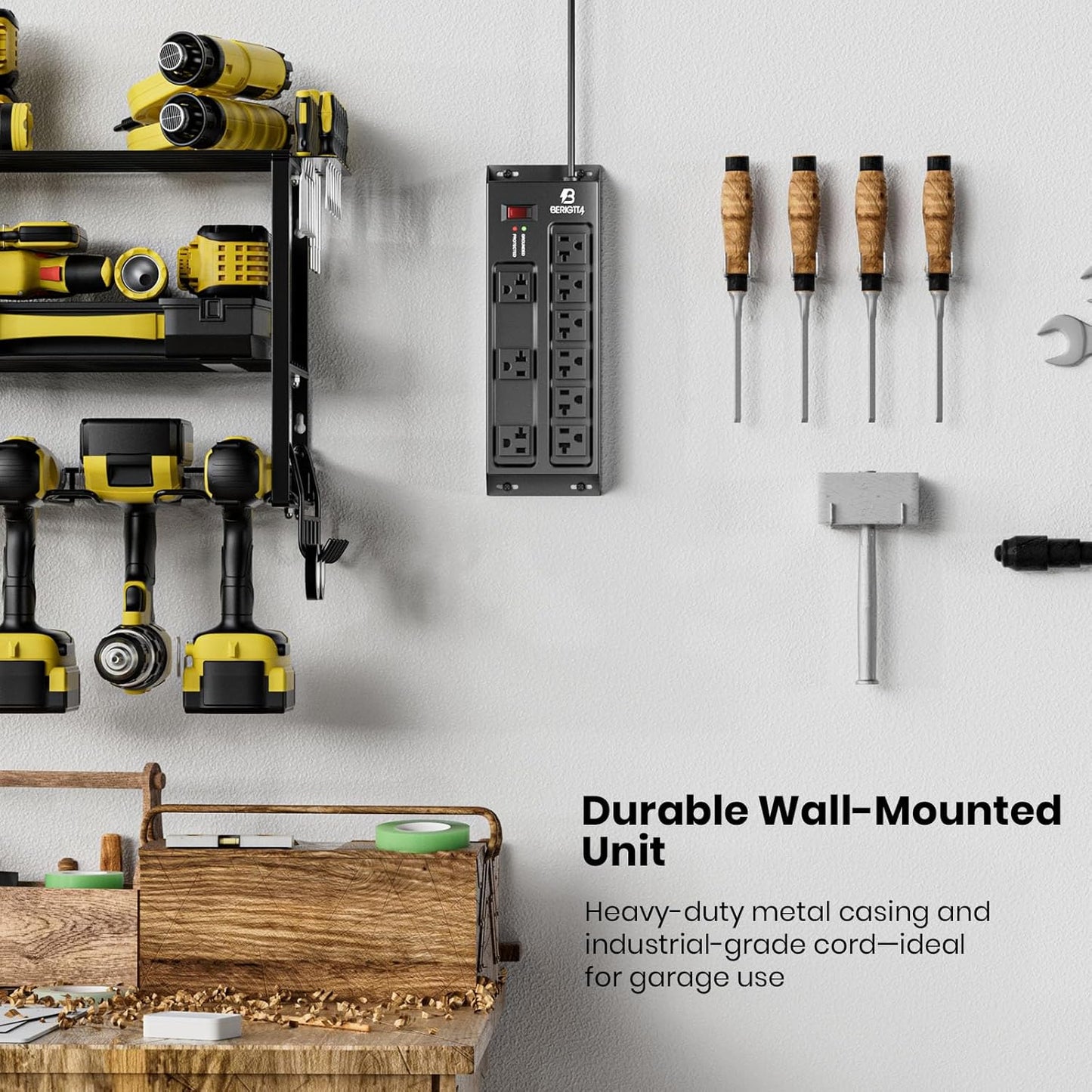 Heavy Duty Metal Power Strip, 20 AMP Surge Protector with 9 Outlets, 12 Gauge Industrial Strength for Shop & Garage Use, 6 FT Extension Cord Included, Durable T-Slot Design (6FT)
