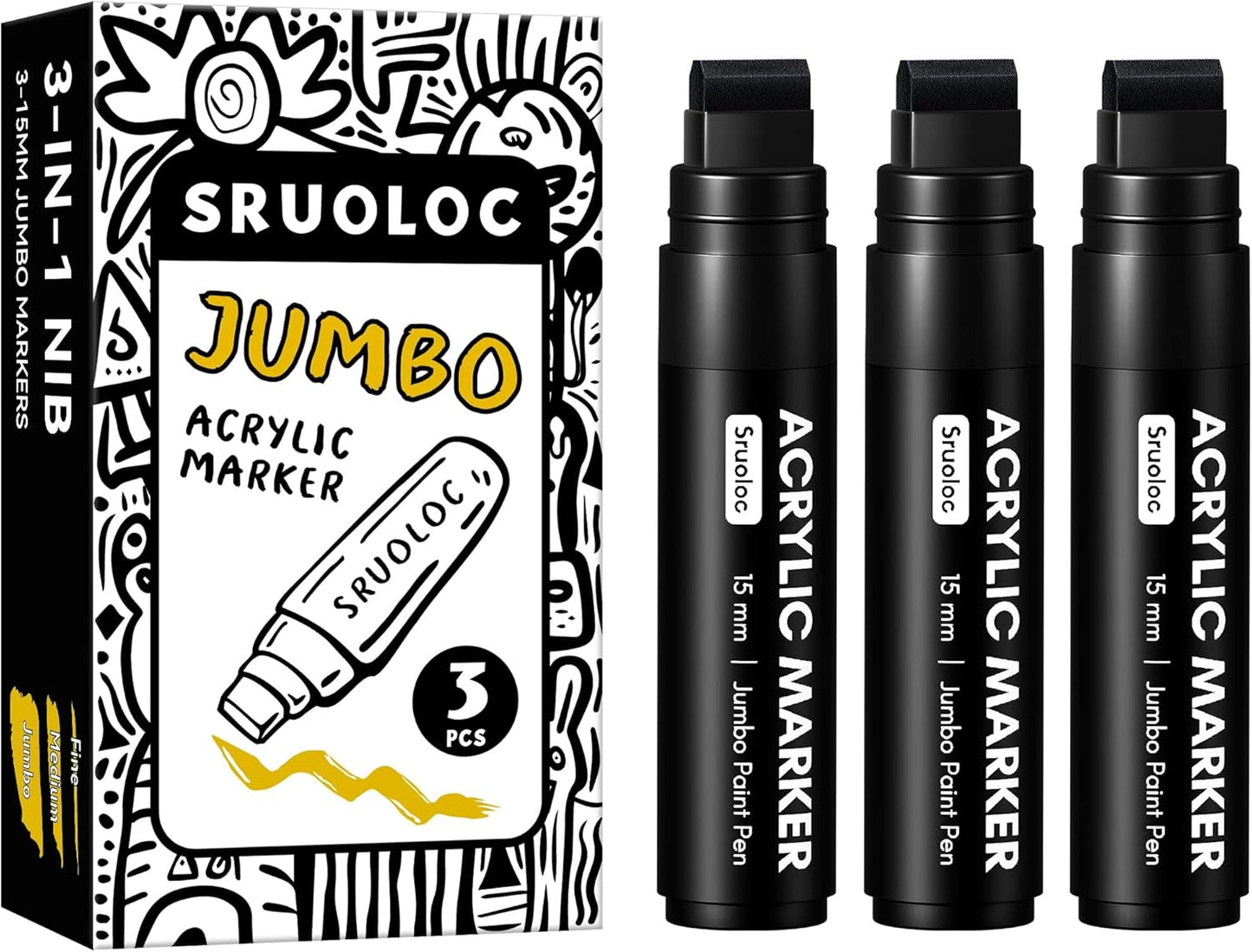 3 Jumbo Permanent Markers Black, 15mm Thick Wide Tip, Large Acrylic Paint Markers for Rock Painting, Poster, Stone, Ceramic, Glass, Wood, Canvas