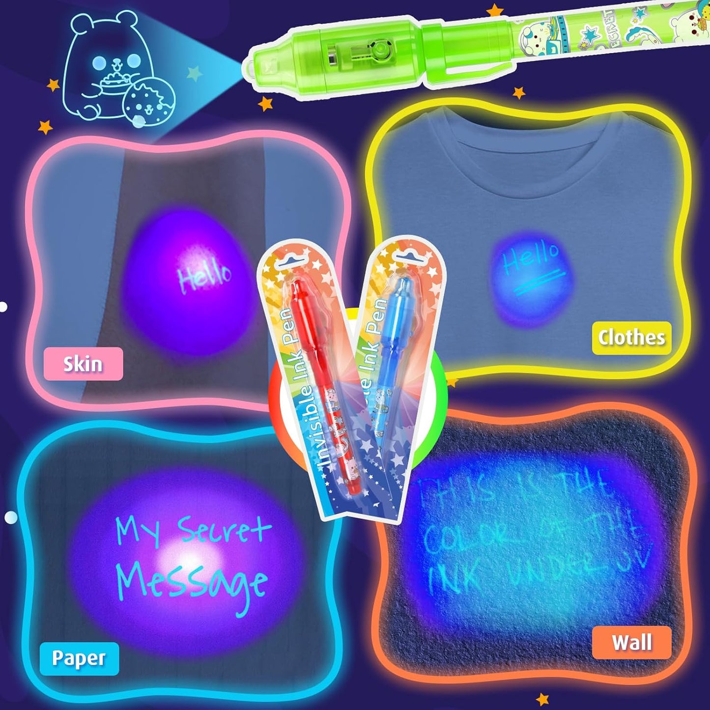 GIFTINBOX Invisible Ink Pen with UV Light for Kids, 12PCS Spy Pen Party Favors for Kids 8-12, Magic Marker for Secret Message, School Supplies Birthday Goody Bag Stuffers for Boys Girls