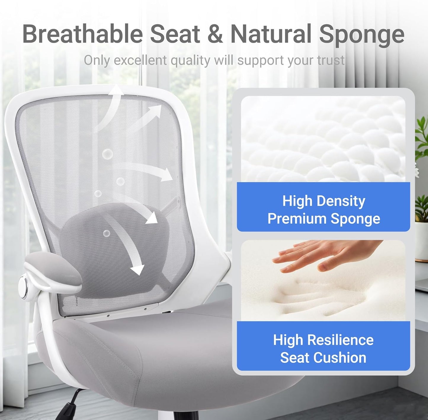 HYLONE 400lbs Heavy Duty Office Chair, 5" Thickened Seat Ergonomic Desk Chair with Adjustable Armrests, Home Office Computer Chairs for Long Hours Mesh Executive Chair(Grey)