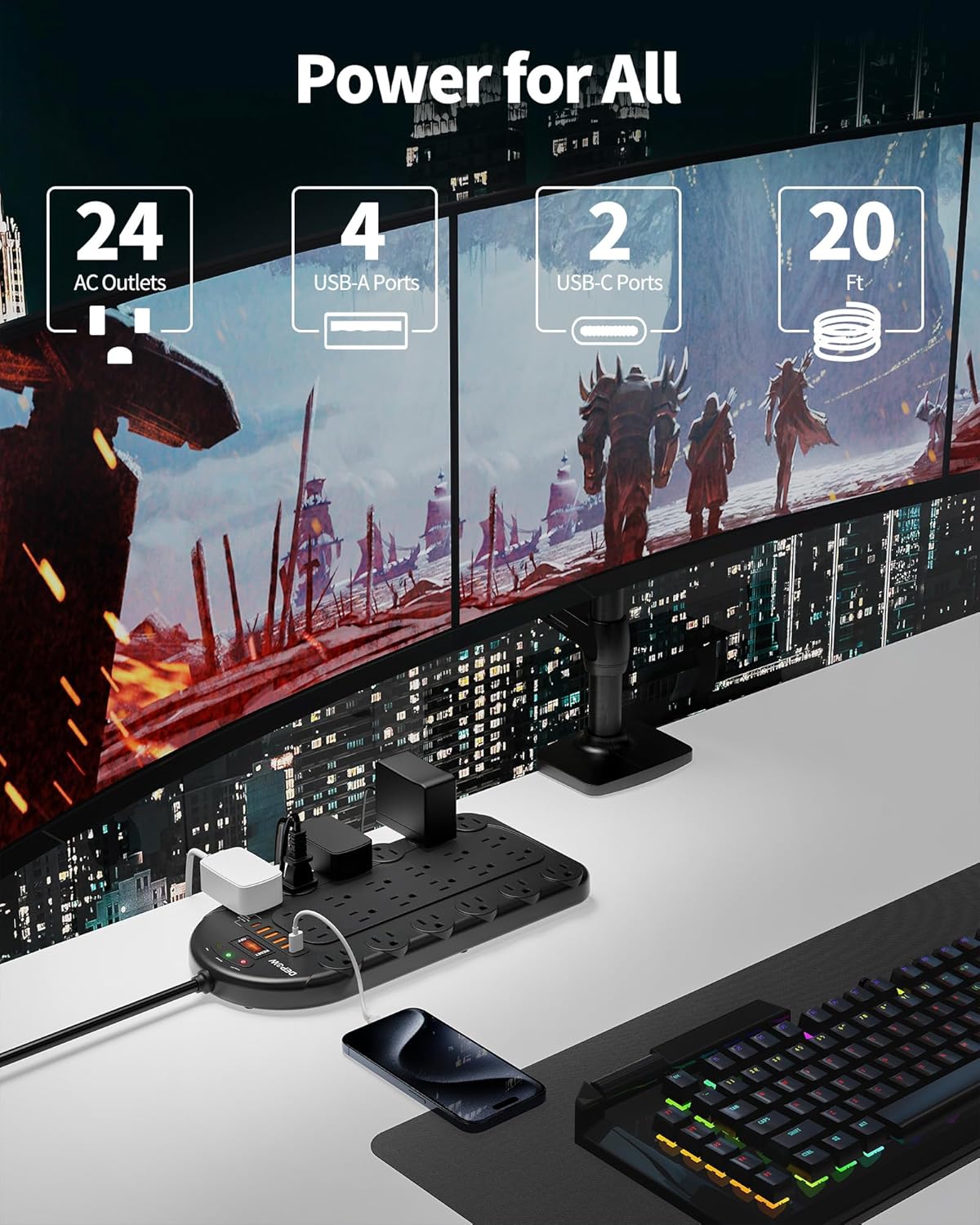 20 Ft Power Strip Surge Protector (3,400 Joules), DEPOW 24 AC Multiple Outlets (1875W/15A) with 6 USBs (2 USB-C Ports), ETL Listed, Flat Plug Heavy Duty Long Extension Cord for Home, Office, Black