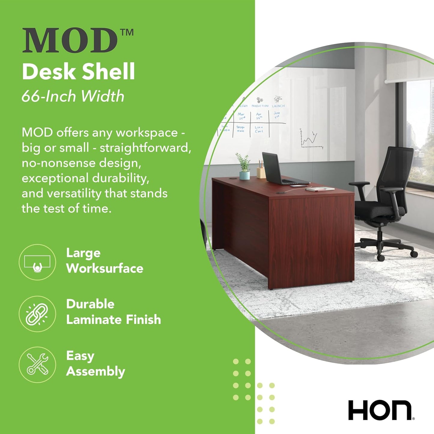 HON MOD Executive Desk 66-Inch Large Computer Desk Shell, Thick Wooden Laminate, Modern Table with Cord Management, 66" W x 30" D x 29" H, Traditional Mahogany