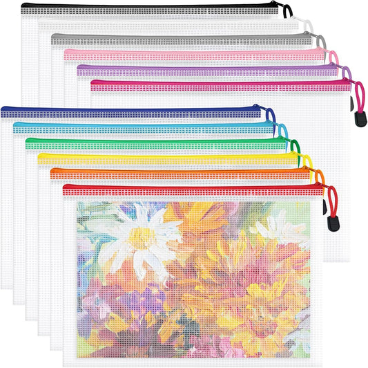 12pcs Mesh Zipper Pouch Bags, Waterproof A4 Letter Size Puzzle Bag for Organizing, Storage, Board Games and Office Supplies, 12 Colors