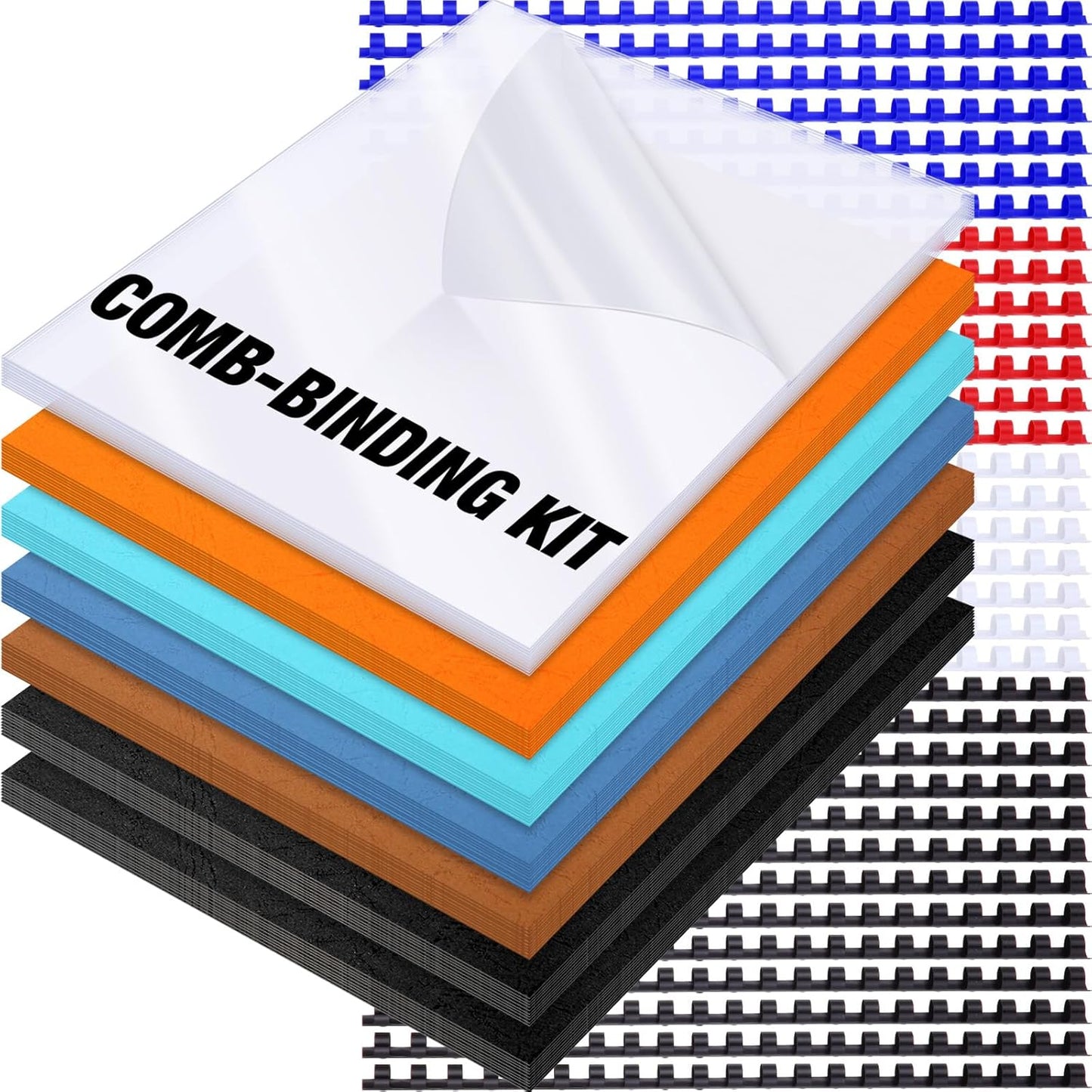 160 Pack Binding Covers and Combs kit 8.5x11 Inches Include 60 Pcs 12 mil Leather Texture Binding Cover 60 Pcs 8 mil Clear PET Presentation Covers 40 Pcs Binding Combs Letter Size(Vivid Color)