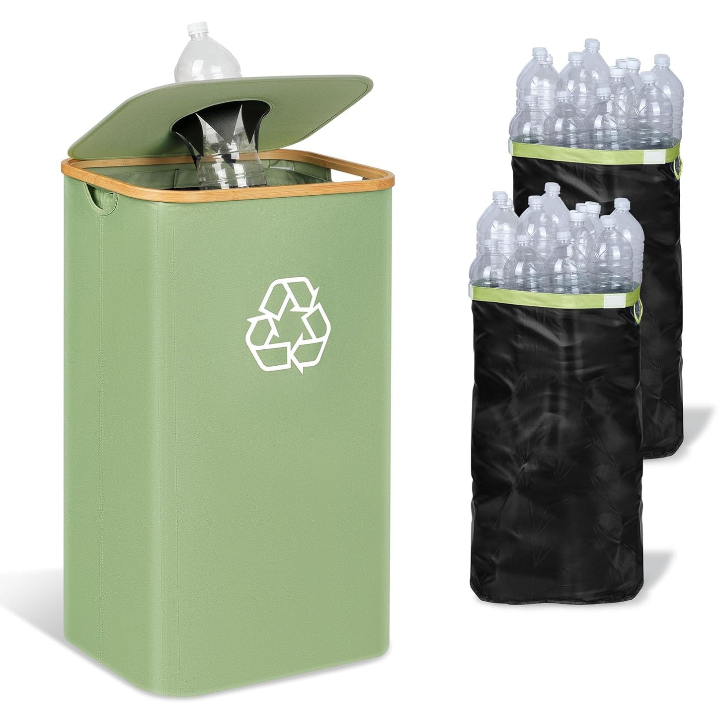 29 Gallons Recycling Bins for Kitchen, Indoor Recycle Bins with Lid, 110L Large Recycle bin with 2 Removeable Reusable Inner Bags, for Bottles Cans Glass Plastice Cartons(Green)