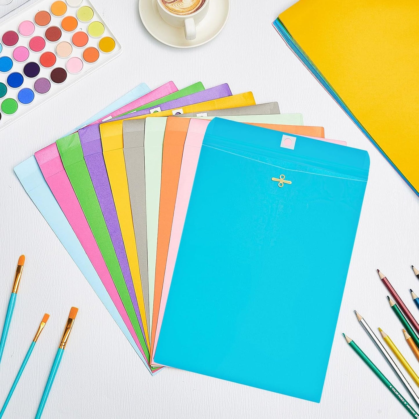 Geyee 100 Pcs Clasp Manilla Envelopes 9 x 12 Inch Gummed Colored Envelopes for Storing or Mailing for Home Office Business Supplies(Colorful)