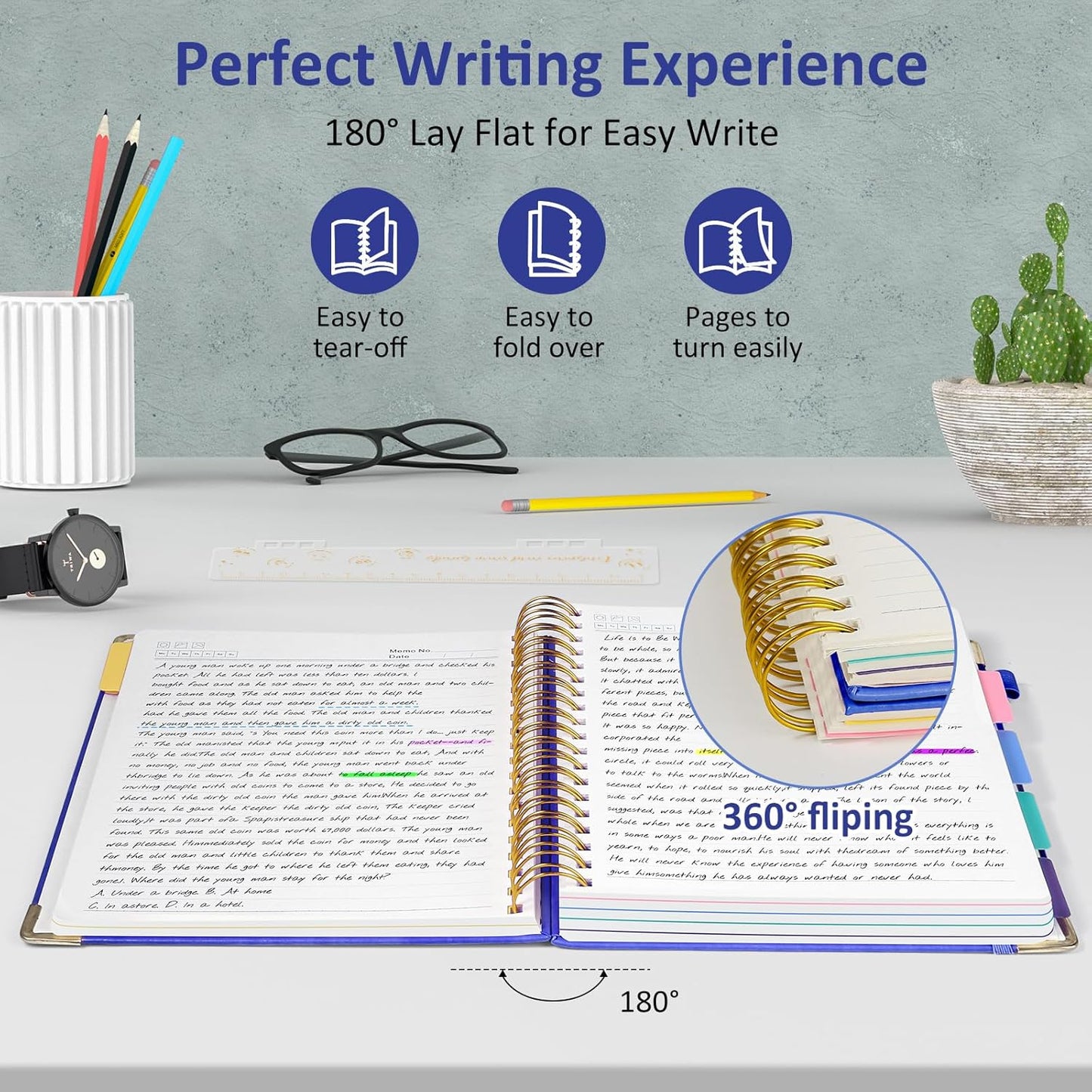 Hardcover Spiral Notebook Journal, 8"x10" Large B5 Notebooks with Removable Dividers Tabs, 300 Pages Leather 5 Subject Notebook College Ruled, Journal for Work School Note, 100 GSM Thick Paper,Blue