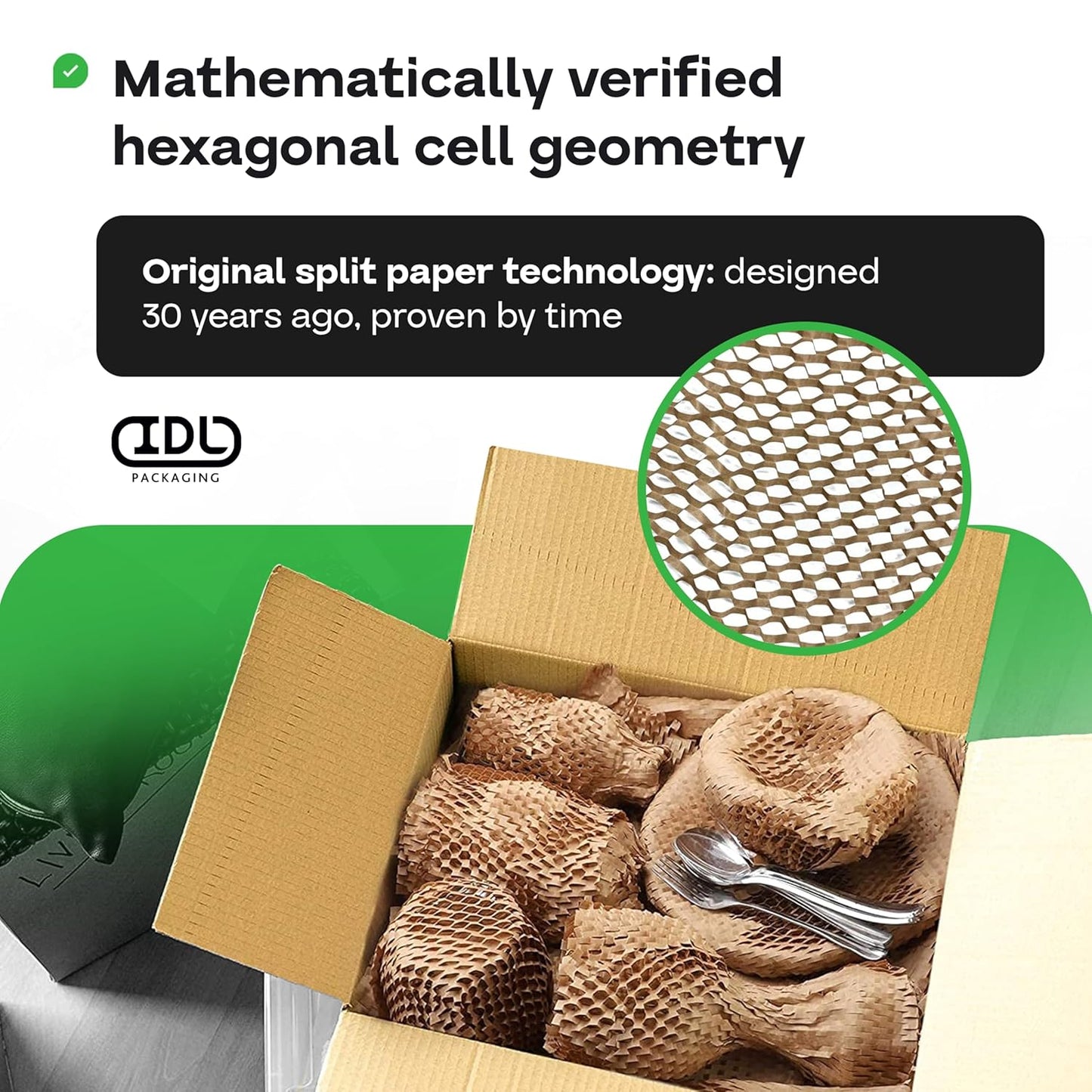 IDL Packaging 20" x 1400' Honeycomb Kraft Packing Paper Roll – Eco-Friendly USA-Made Wrap for Shipping, Moving & Storage - Bubble Wrap Alternative with Innovative Interlocking Slit Design