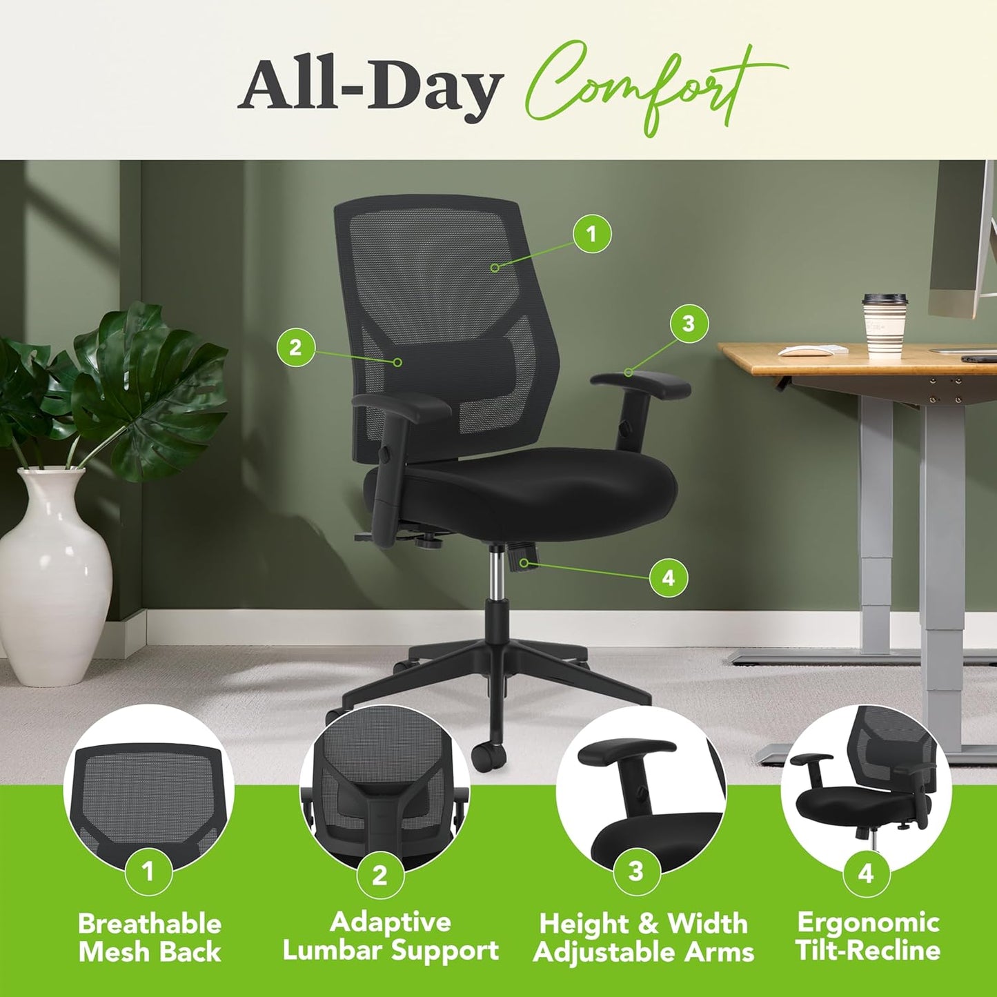 HON Crio High Back Task Chair, Ergonomic Office Chair with Adjustable Arms and Back Support, Lumbar Support, 360 Swivel, Adjustable Center-Tilt Recline, for Computers, Desks, Home Office, Black