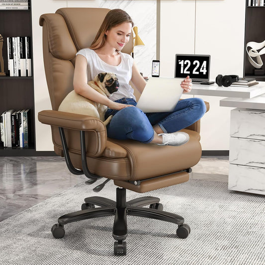 GYI Criss Cross Chair with Wheels, 160°Big and Tall Reclining Office Desk Chair with High Back, Wide Seat, Arms, Footrest, Brown