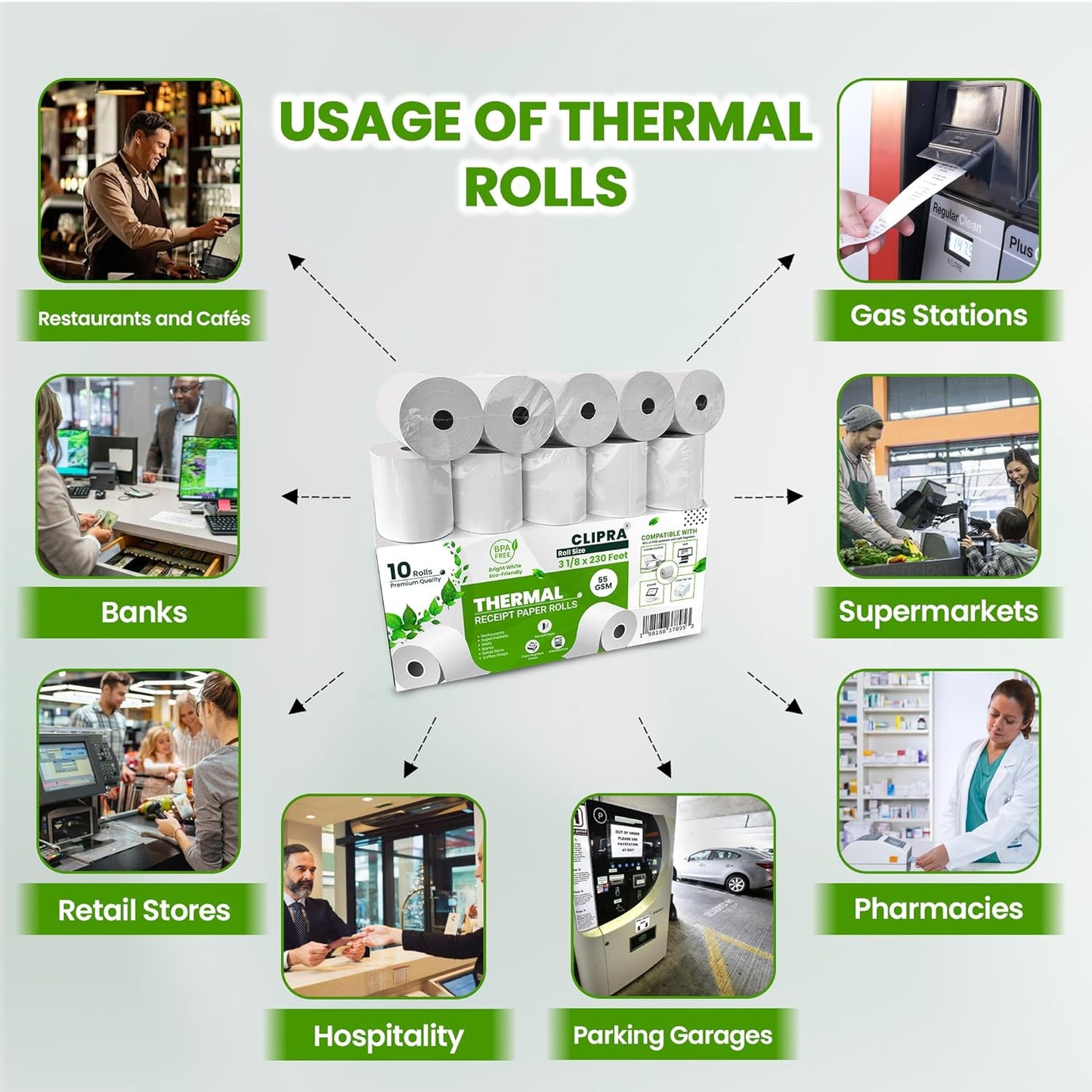 3 1/8 x 230 Thermal Paper Receipt Rolls (10 PACK) [USA Based Brand] 55 GSM - Compatible with All POS Systems, Cash Registers - BPA Free, Premium Quality Receipt Paper Rolls