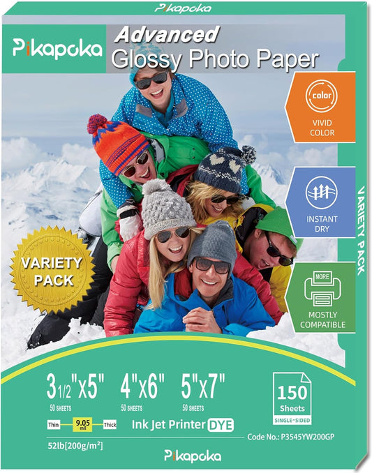 Glossy Photo Paper 3.5x5, 4x6, 5x7, Photo Printer Paper for Inkjet, 150 Bulk Variety Pack, Assorted Sizes, 52lb/200gsm (P3545YW200GP)