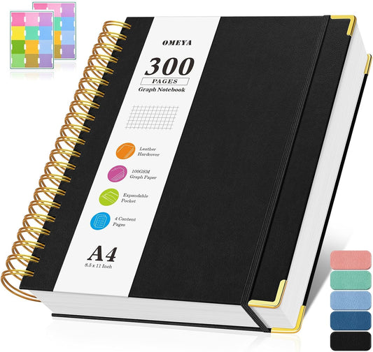 Graph Paper Notebook, Spiral Grid Notebook 8.5" X 11", Hardcover Leather Journal 300 Pages, 100GSM Thick Grid Paper Notebook, Large A5 Graphing Notebook Journal for Women Men Writing Engineering Work