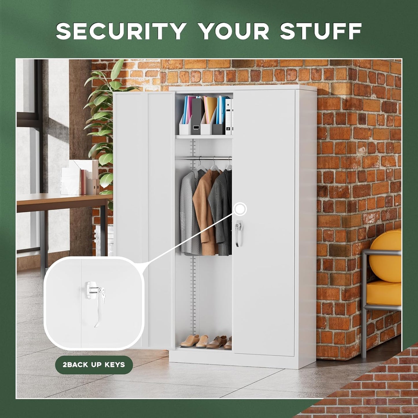 Greenvelly Metal Wardrobe Cabinet with Locking Doors, 72"H White Metal Wardrobe Closet with Hanging Rods and Adjustable Shelves, Clothing Storage Closet for Home, Office, Employee, Gym (16" D x 32" W)