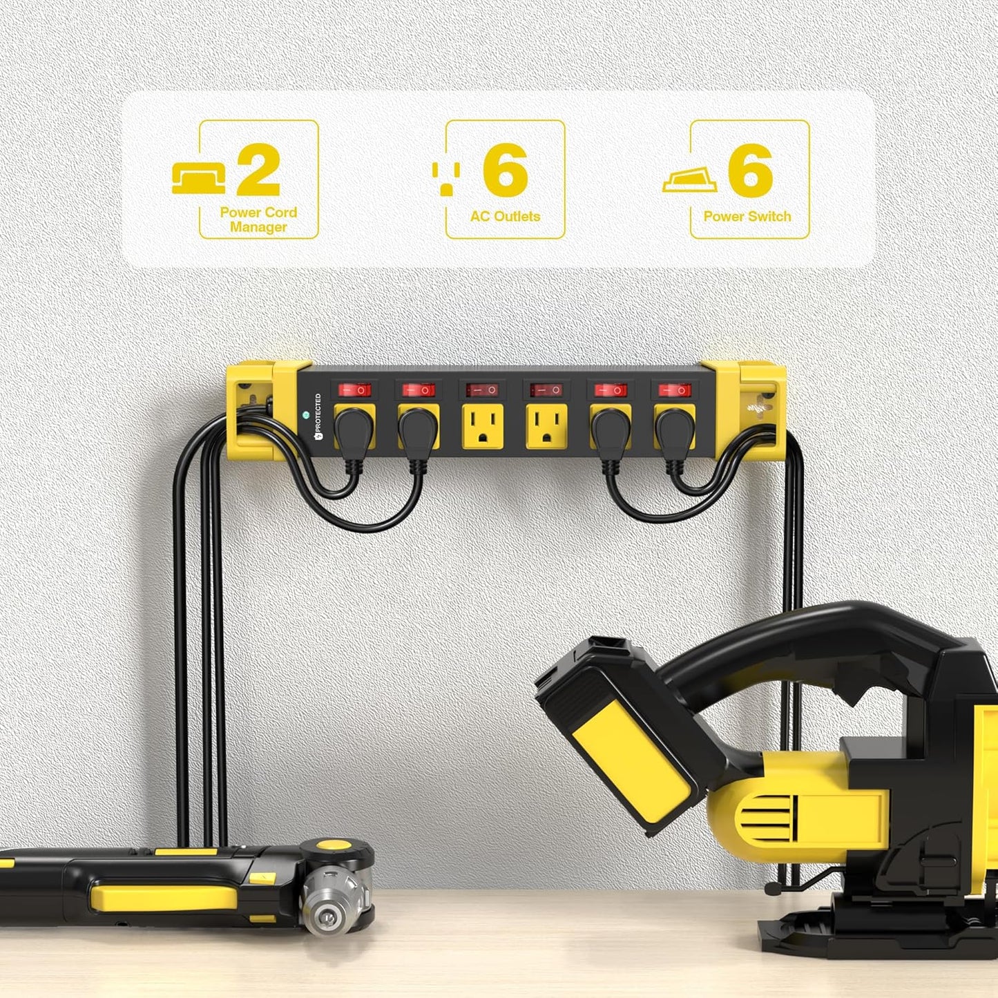 Heavy Duty Power Strip - 6 Outlet Power Strip with Individual Switches Cord Manager Surge Protector 1200J Home Office Garage Industrial Workbench