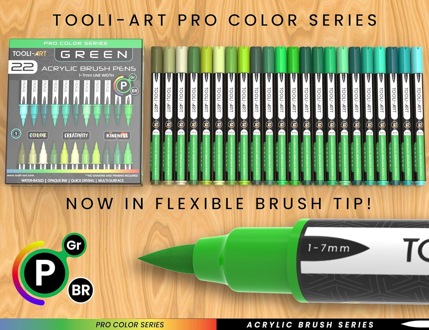 22 Flexible Brush Tip Acrylic Paint Pens Markers Set 1-7mm Line for Rock Painting, Brush Lettering, Glass, Mugs, Wood, Metal, Canvas, Fabric, Plastic. Non Toxic Waterbased Quick Drying Assorted Green