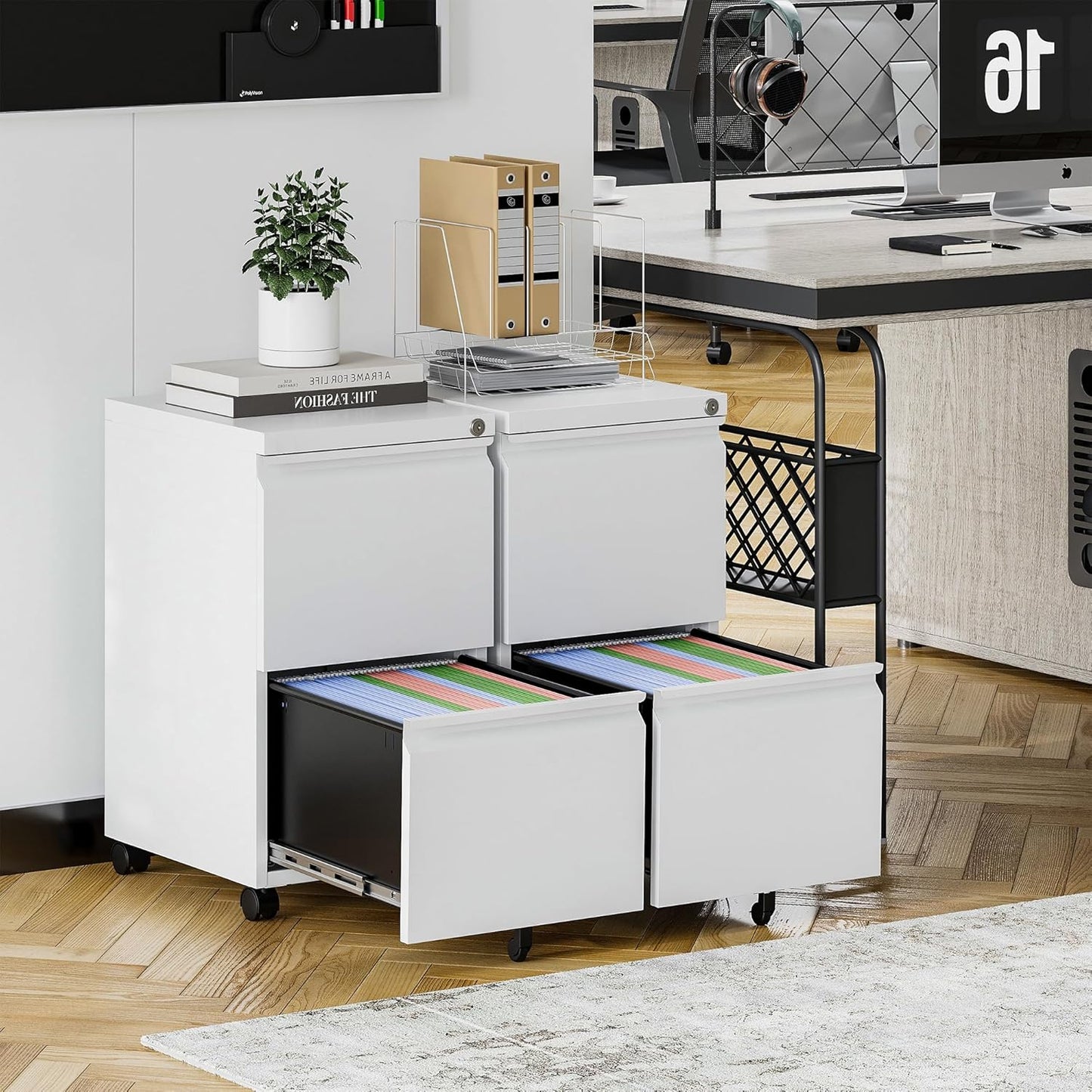 2 Drawer Mobile File Cabinet with Lock Steel Small Rolling File Cabinet Legal/Letter/A4 Size Under Desk Metal Filing Cabinet for Home Office Vertical Filing Cabinet Printer Stand Fully Assembled