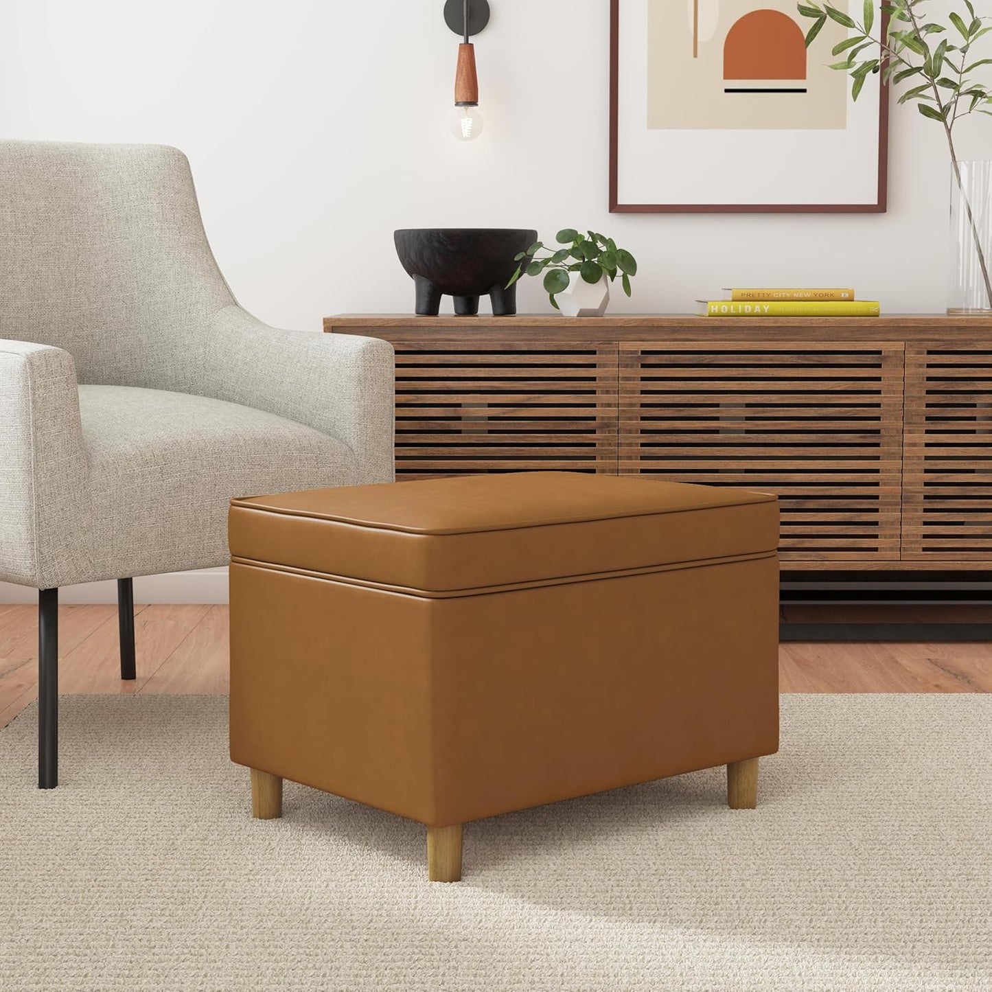 Home Decor | Dinah Collection Modern Storage Ottoman | Ottoman with Storage for Living Room & Bedroom(Carmel Faux Leather)
