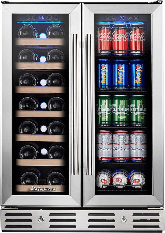24 Inch Wine and Beverage Fridge, Wine Refrigerator Dual Zone Hold 20 Bottles and 78 Cans,Built-In or Freestanding Digital Touch Control