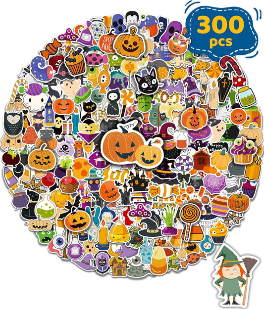 300 PCS Halloween Pumpkin Stickers, Vinyl Waterproof Stickers for Water Bottles Laptop Skateboard Computer, Halloween Party Favors Gifts Funny for Kids Teens Adults