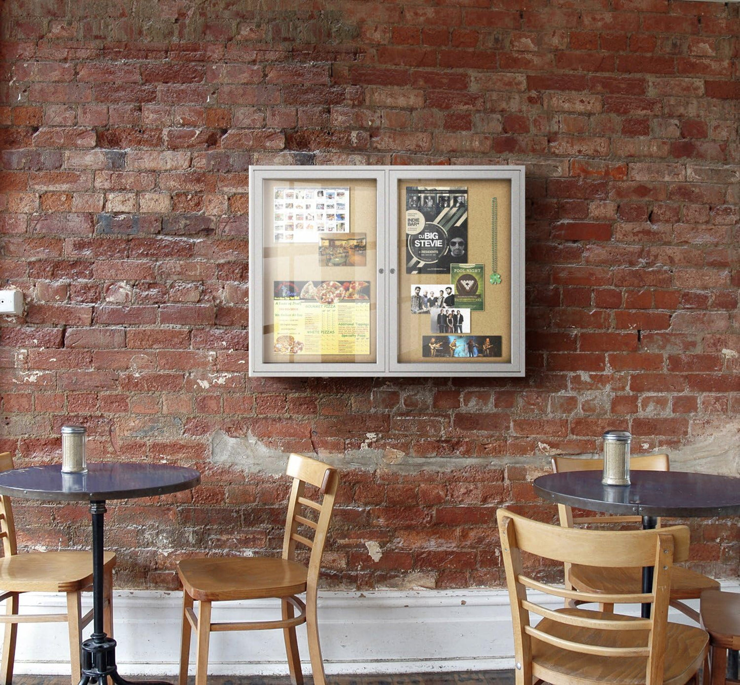 Ghent 36"x60" 2-Door indoor Enclosed Bulletin Board , Shatter Resistant, with Lock, Satin Aluminum Frame - Natural Cork (PA23660K) Made in the USA